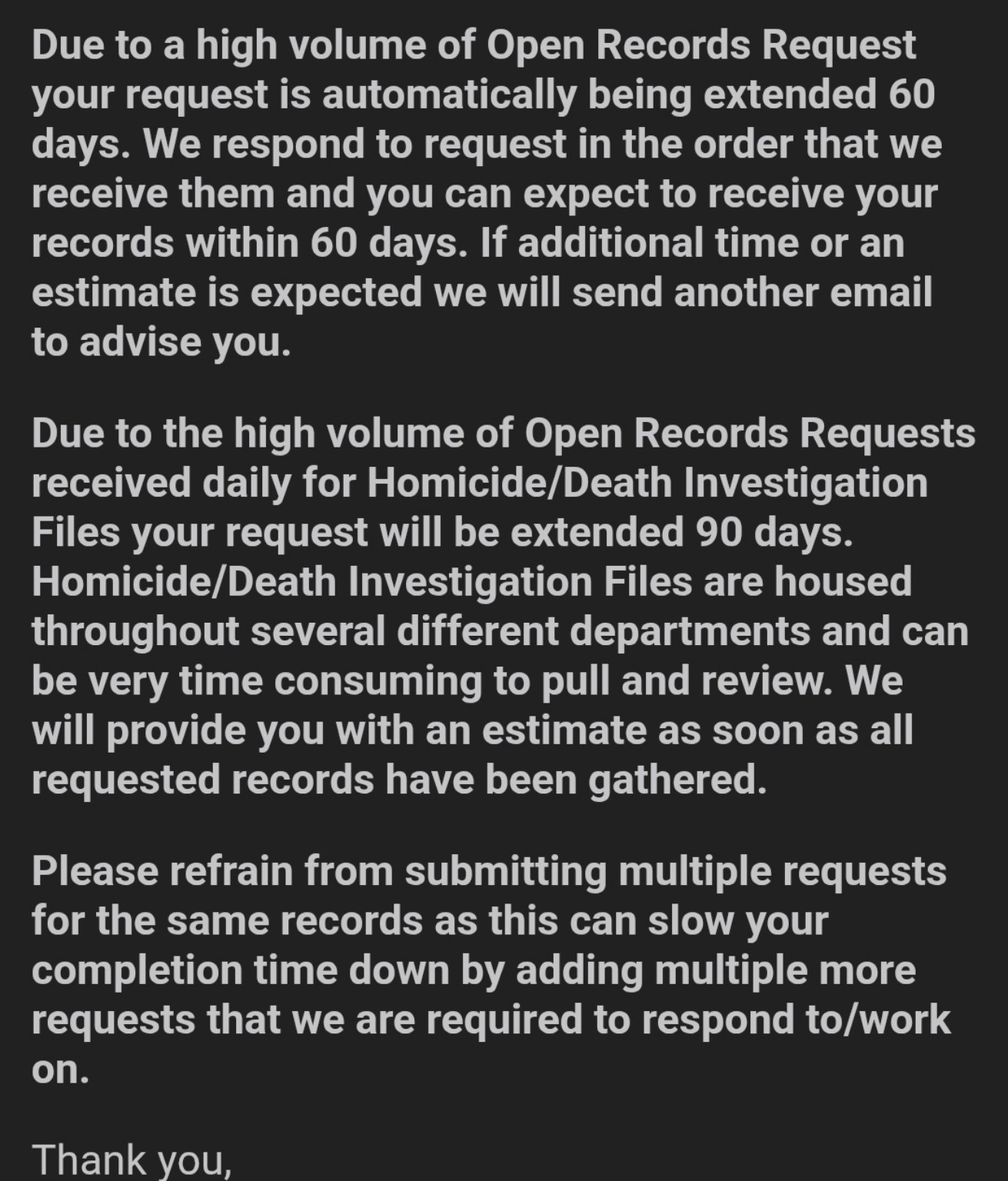 Screenshot of a longer Bibb County Sheriff’s Office notice saying open-records requests are automatically extended 60 days and homicide or death-investigation requests are extended 90 days.