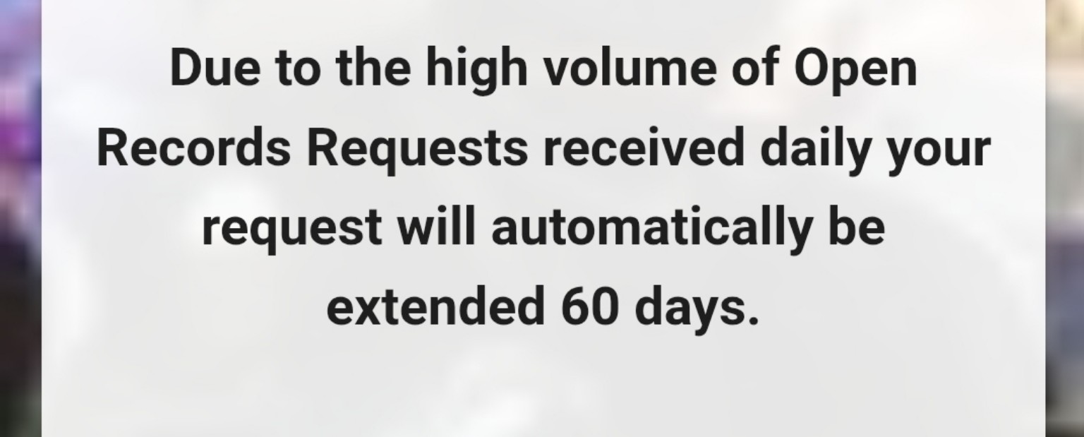 Screenshot of a Bibb County Sheriff’s Office notice stating that open-records requests will automatically be extended 60 days because of high request volume.